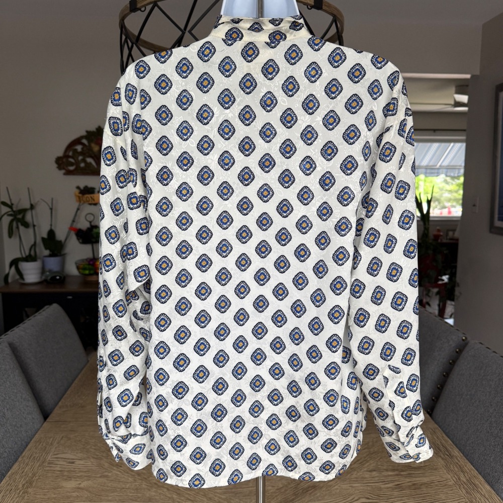 Christian Dior Vintage Geometric Medallion Jacquard Blouse Ivory Navy Yellow 4 - Picture 4 of 16